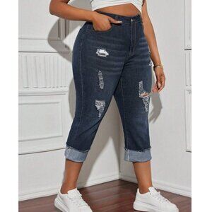 NEW 20 Women's Frayed & Cuffed Dark Wash Cropped Jeans